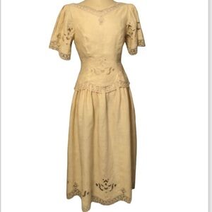 Vintage-1980s Kathie Lee Plaza Dress Sz 14 South Peplum Ramie-Cotton Lace Ivory